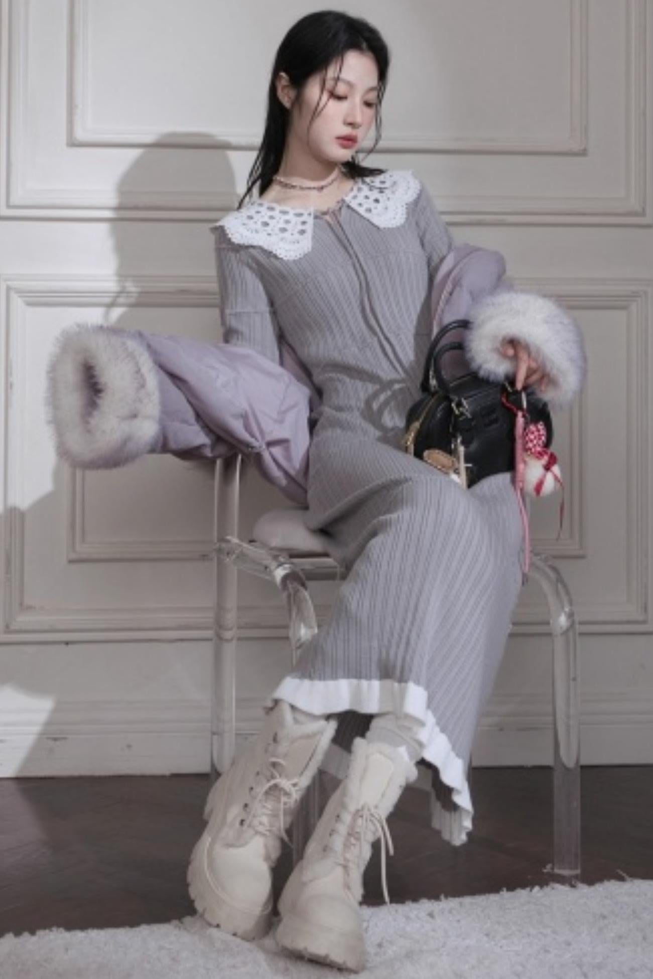 Mist Gray Lace Wool Dress