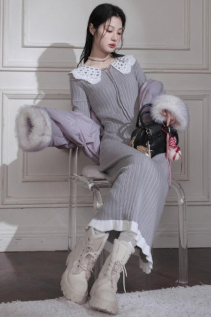 Mist Gray Lace Wool Dress