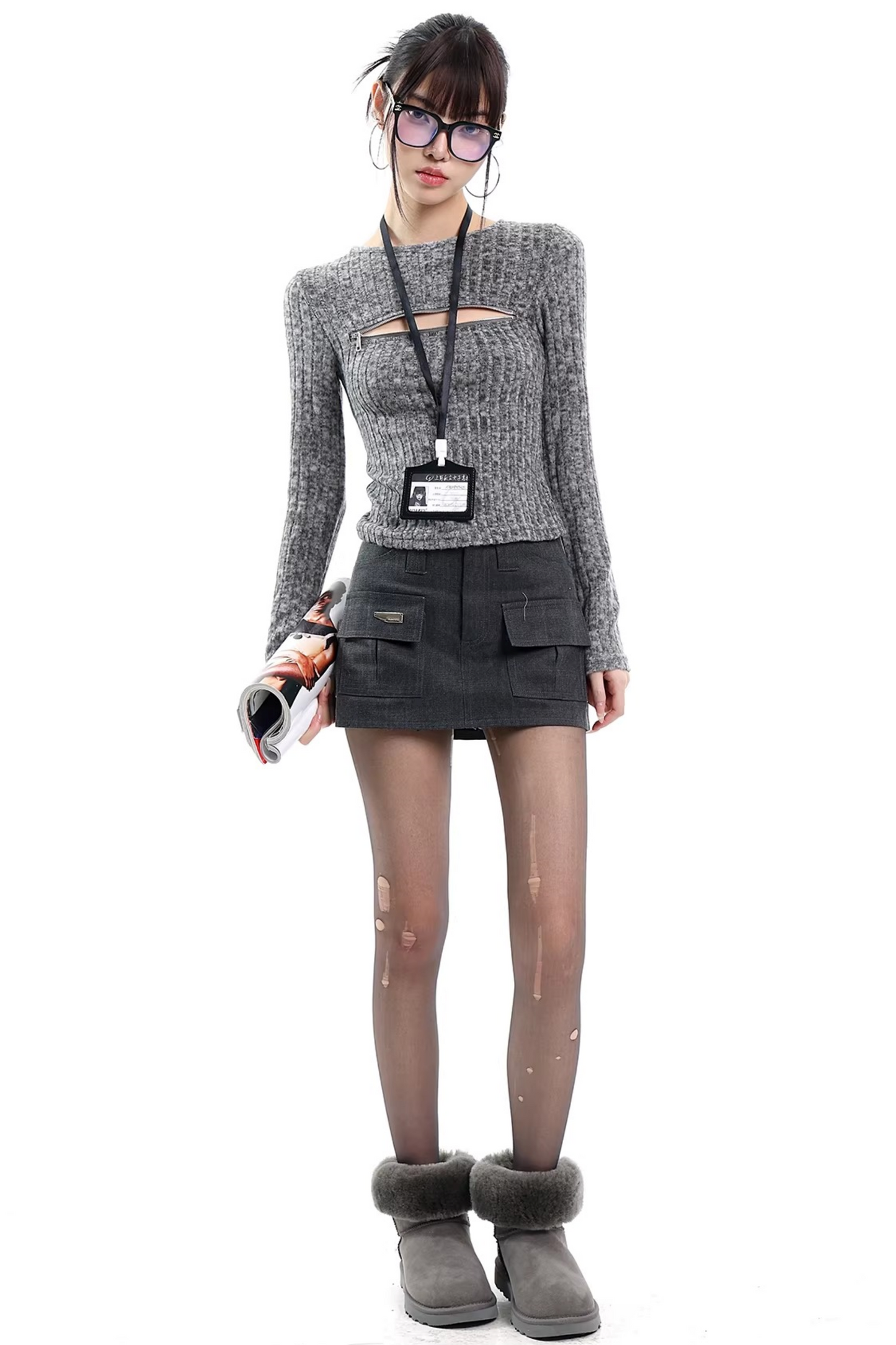 Gray Cut Out Knit Top