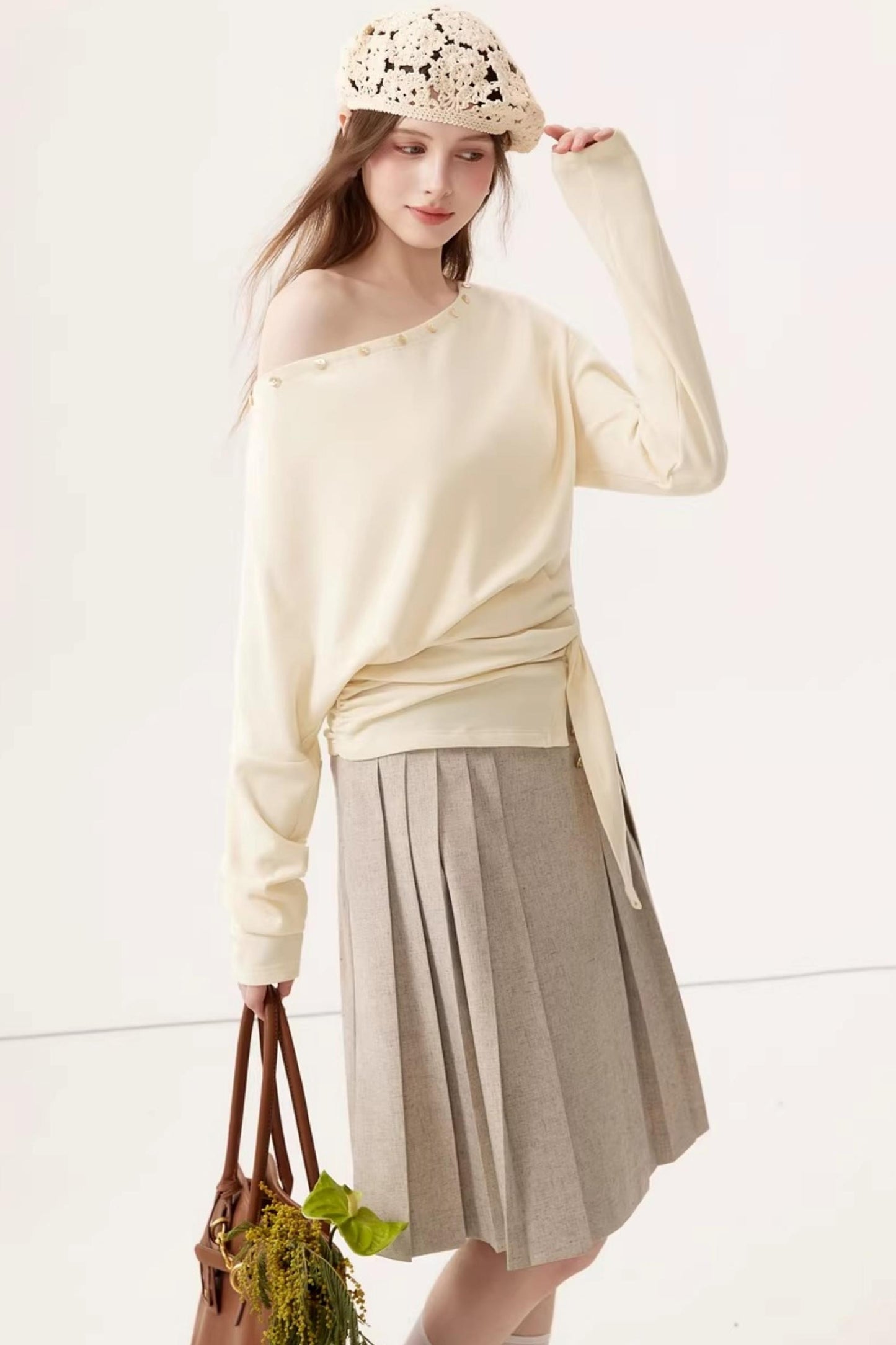 High-Waisted Pleated Midi Skirt