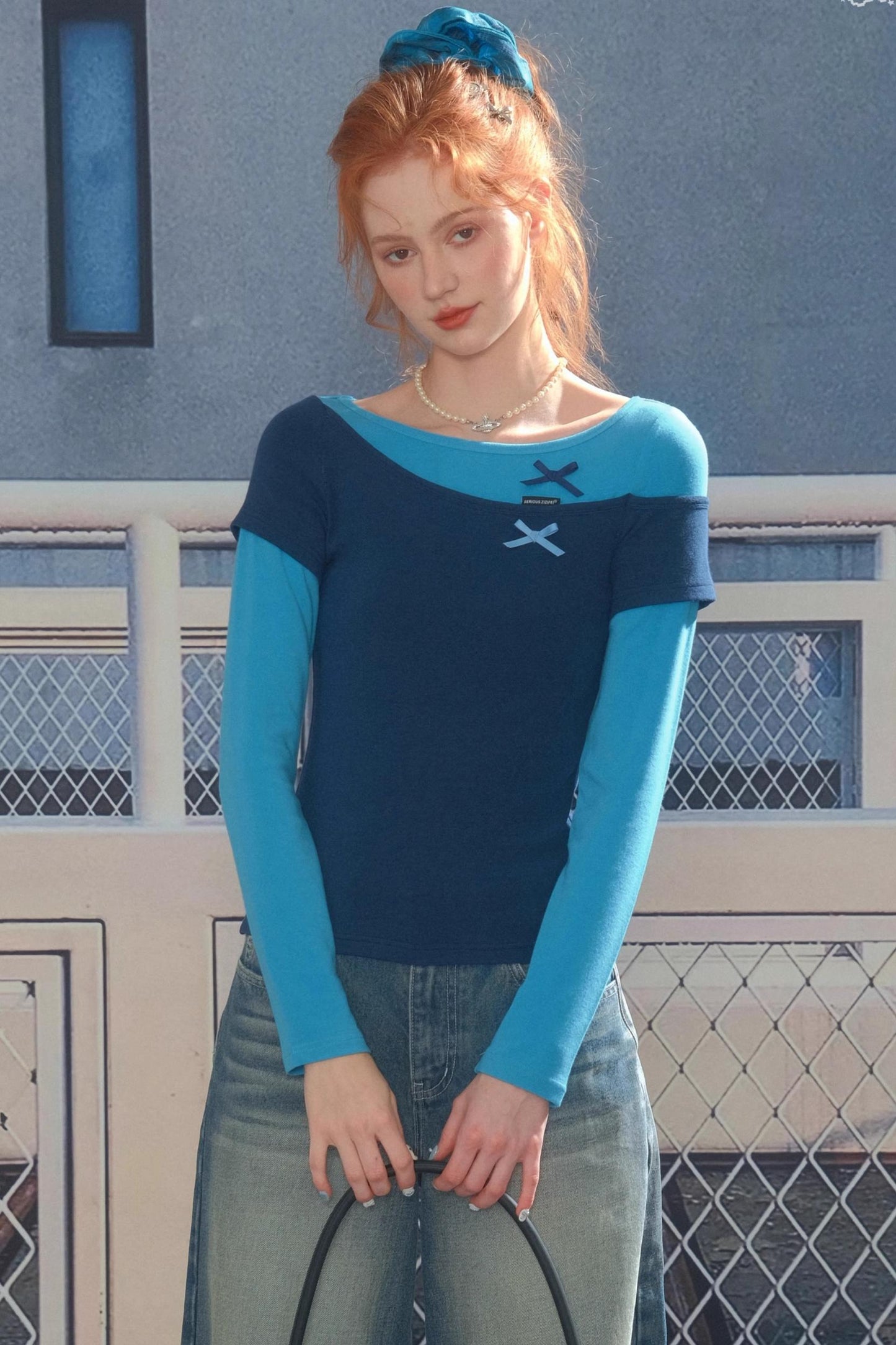 Retro Design Bow Top Long Sleeve T-Shirt