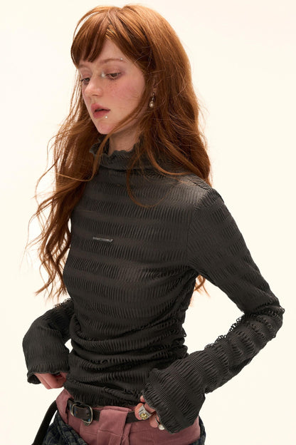 High-Neck Knitted Striped Slimming Shirt