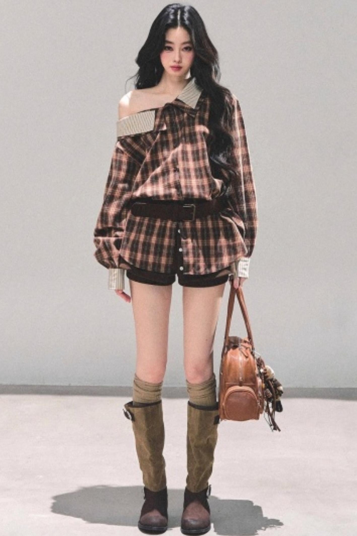 Off-Shoulder Plaid Shirt