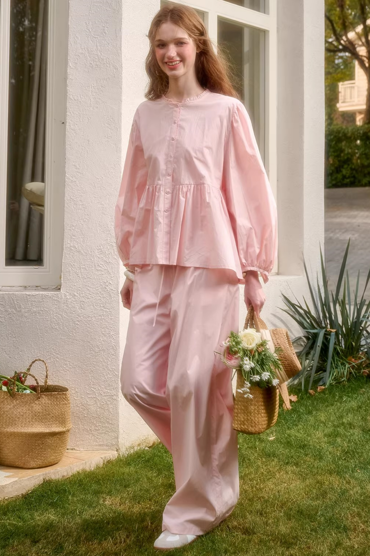 베이비 핑크 코튼 드레스 셋업