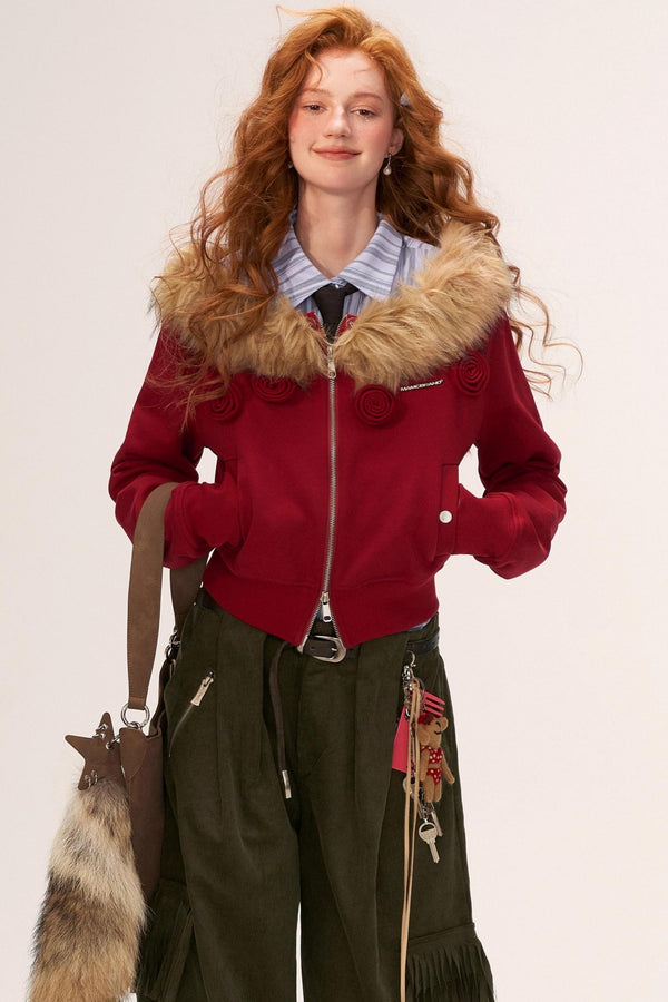 Detachable Fur Collar Double Zipper Jacket