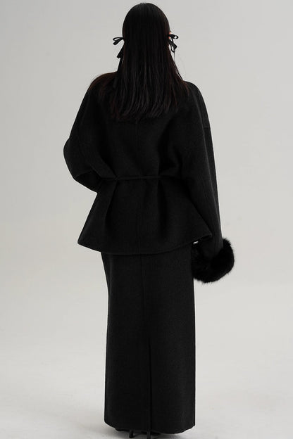 Elegant Fox Fur Sleeve Wool Coat