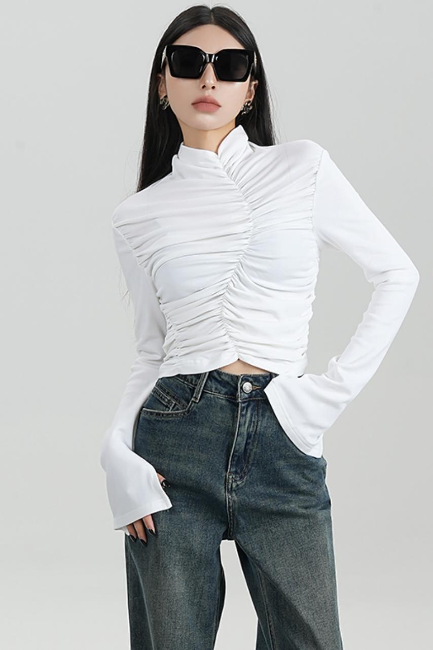 SRYSAME's fashionable design, pleated high-waisted base layer, T-shirt, long-sleeved top, autumn new women's wear