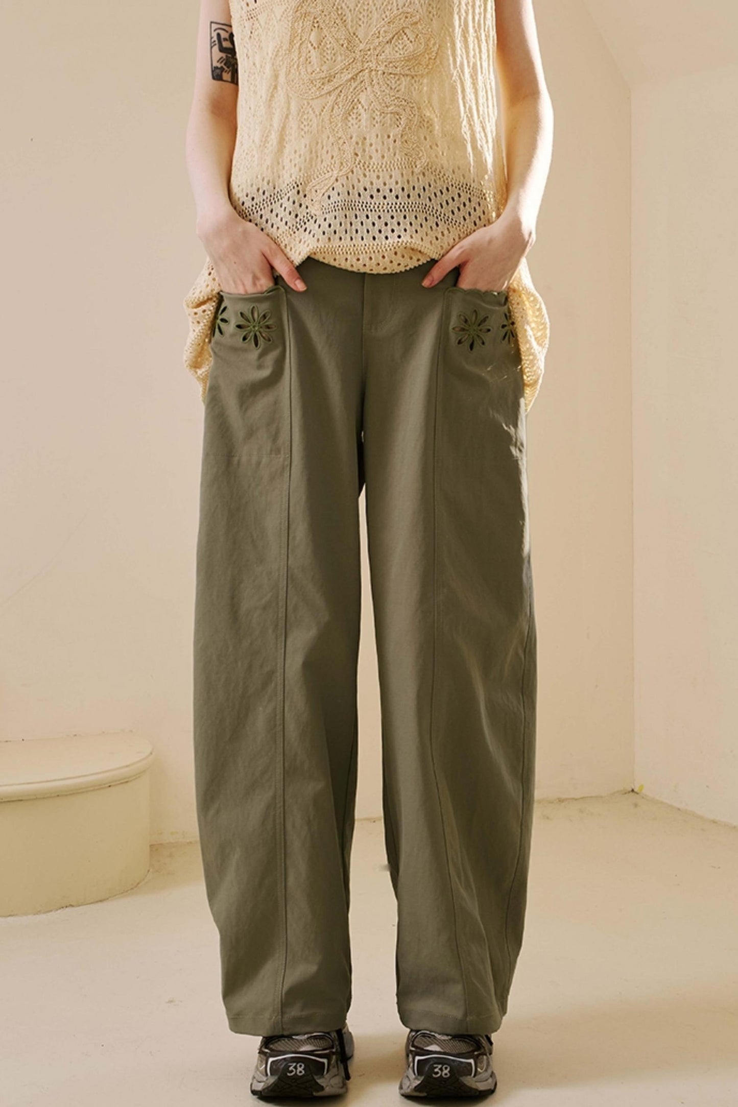 Embroidered Denim Scimitar Pants