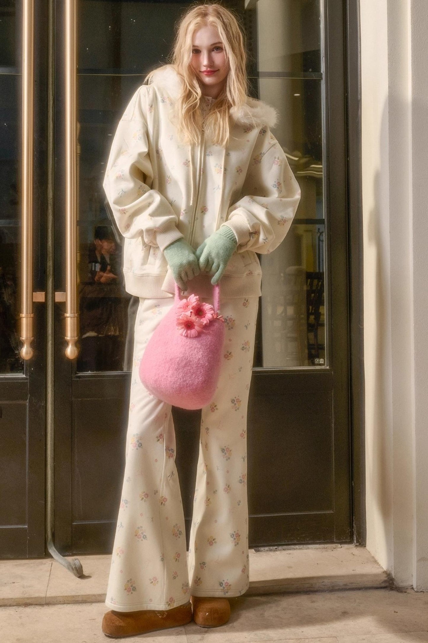 Milky Way Floral Fur Collar Jacket Set-Up