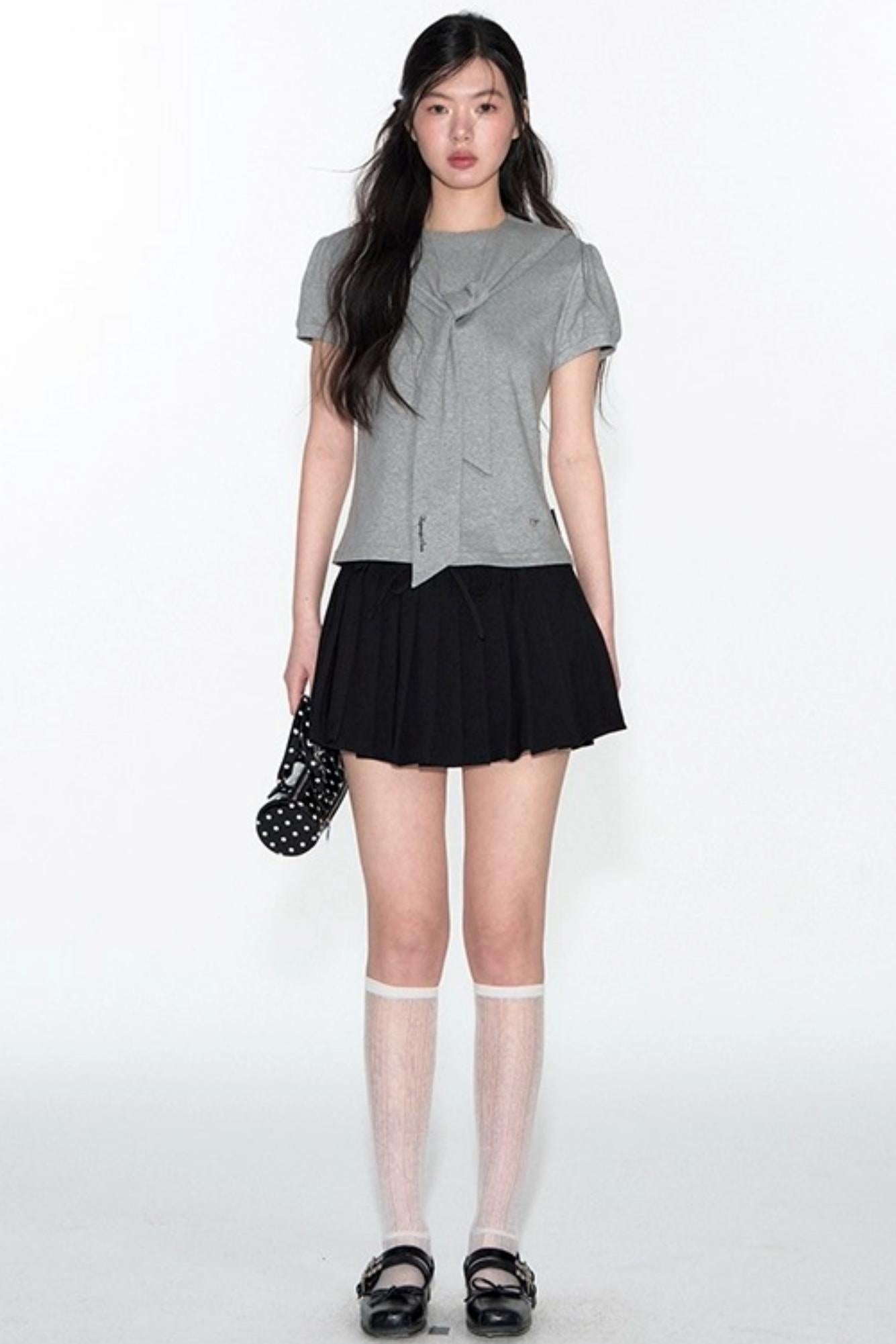 Navy Lace Short Sleeve Cinched Waist Top Set-Up