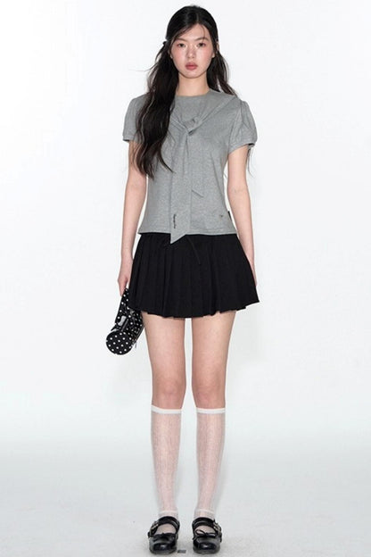 Navy Lace Short Sleeve Cinched Waist Top Set-Up