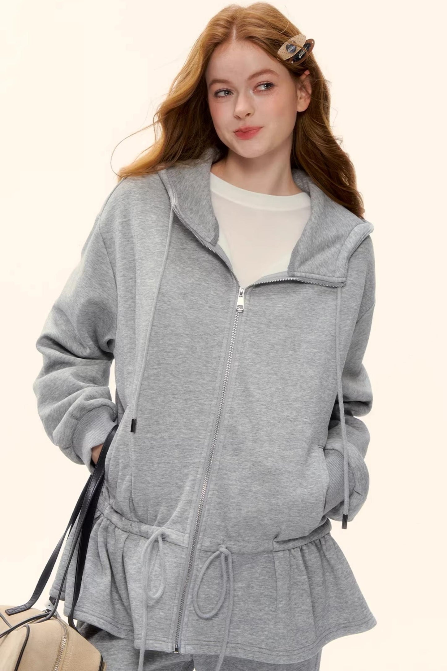 Hooded Drawstring Fleece Jacket Set-Up