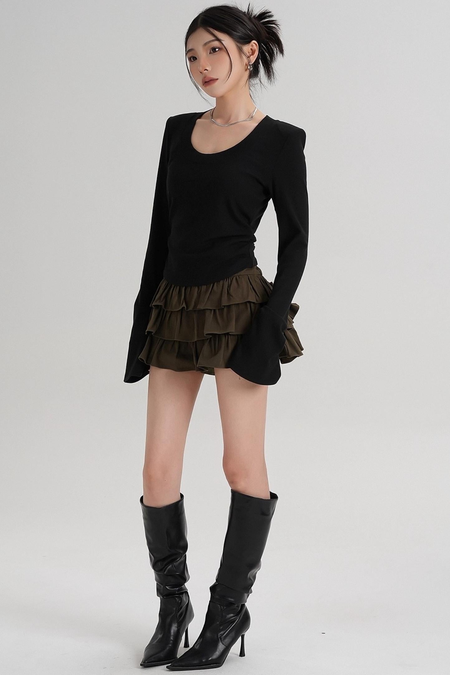 T-shirt amincissant à manches longues à taille ras du cou