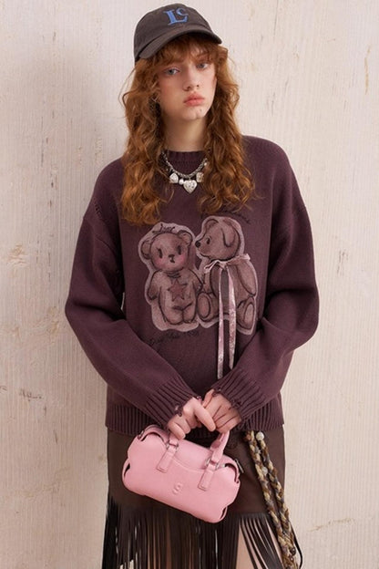 Kiss Bear Print Long Sleeve Sweater