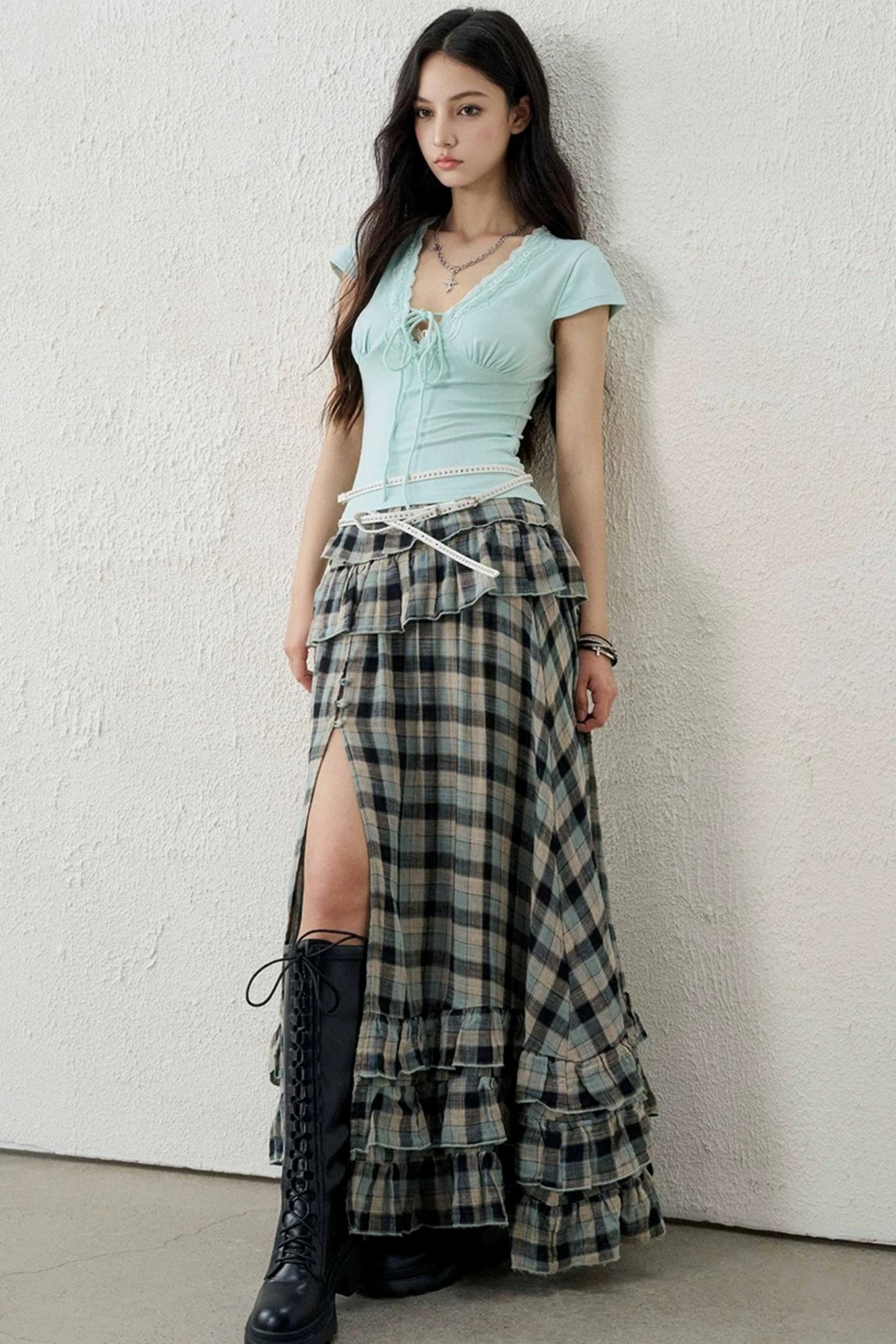 Gray-Green Plaid Ruffled Skirt