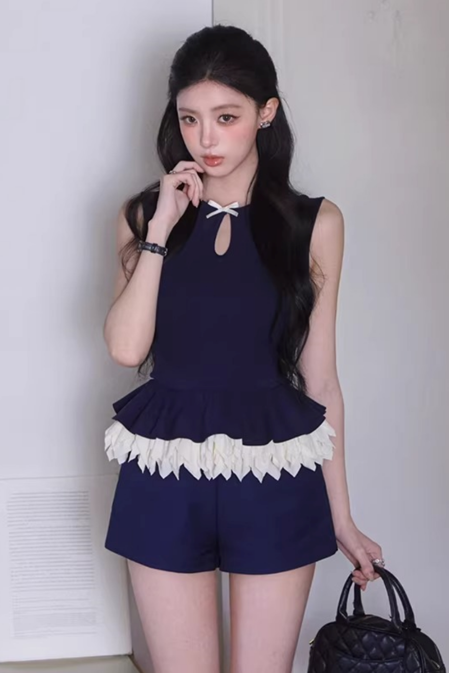 Navy Blue Lace Slimming Suit Set-Up