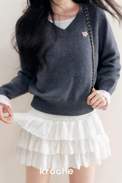 Romantic Check Wool-Blend V-Neck Sweater