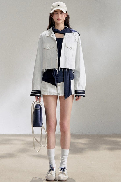 White Navy Short Denim Jacket Set-Up