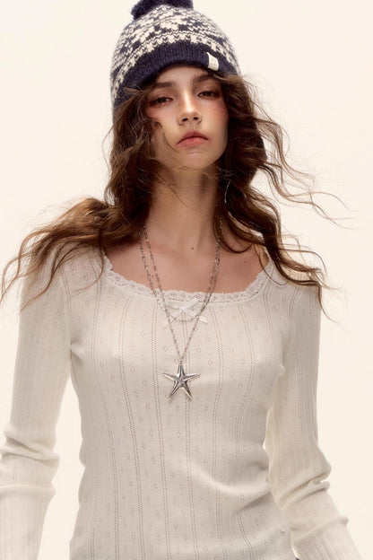 Lace-Trimmed Bow Hollow Knit Top