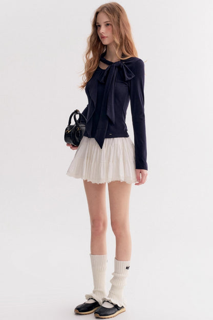 Romantic French Streamer Bow V-Neck Slim T-Shirt