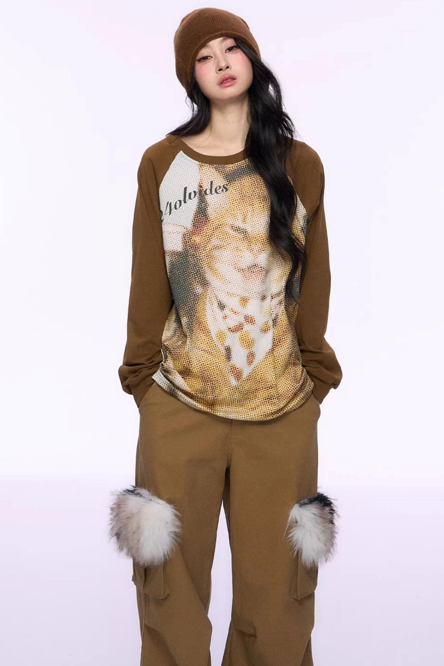 Cat Print Raglan Knit Top