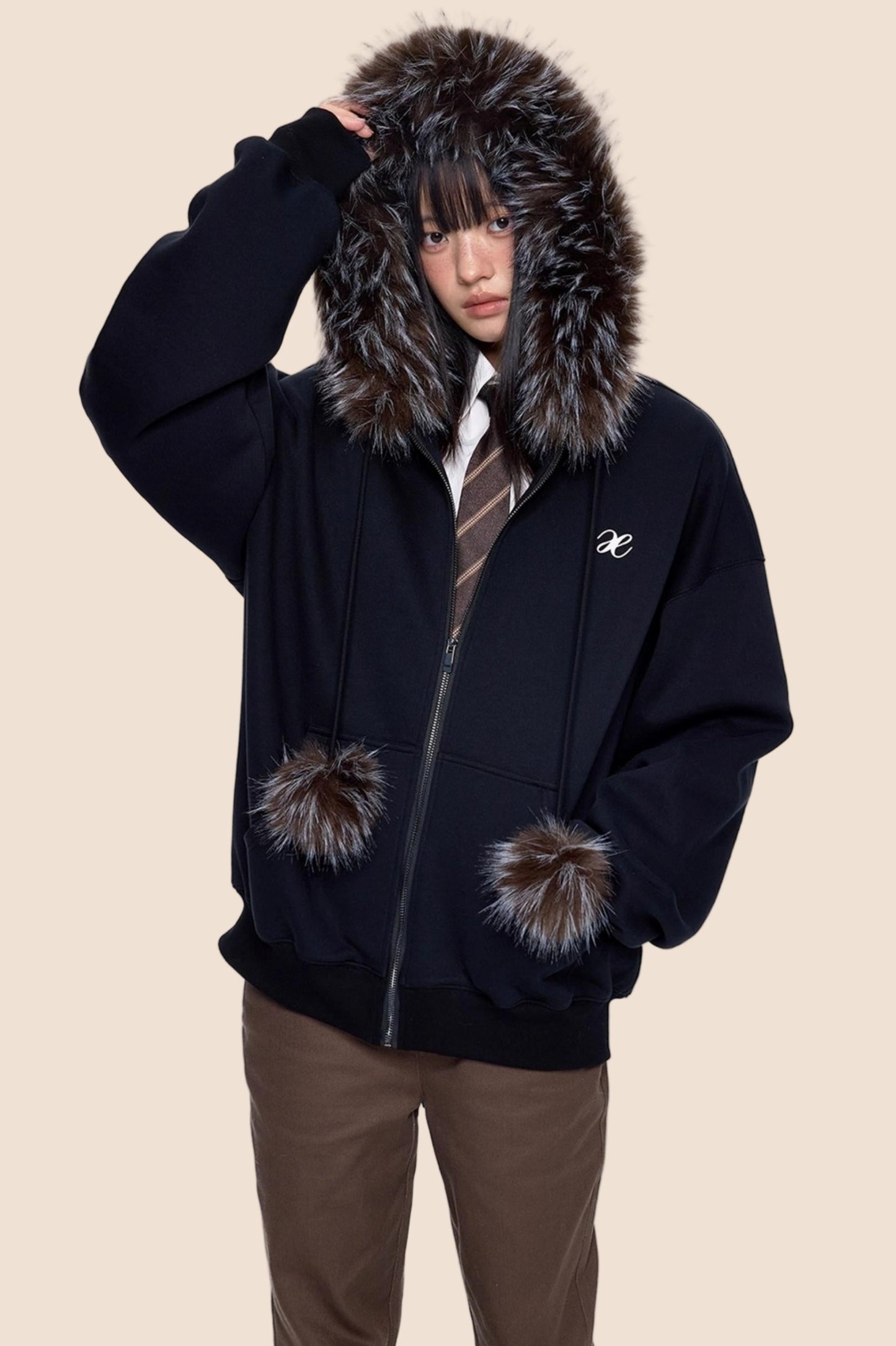 Hooded Embroidered Fleece Cardigan