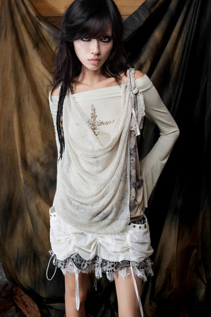 Diamond Collar One-Shoulder Long Sleeve T-Shirt