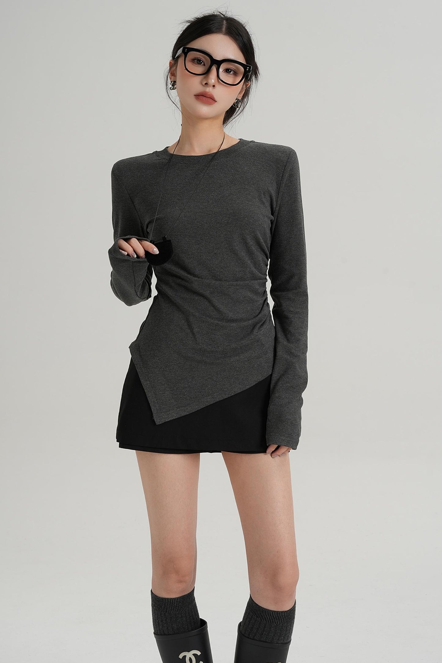 Shoulder Pads Hem Slit Long Sleeve T-shirt
