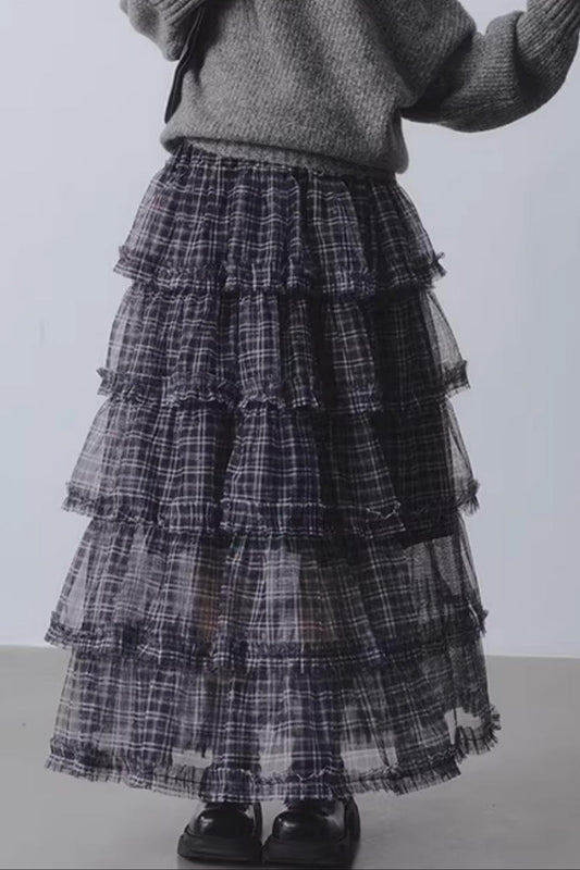 Plaid Mesh Patchwork Skirt