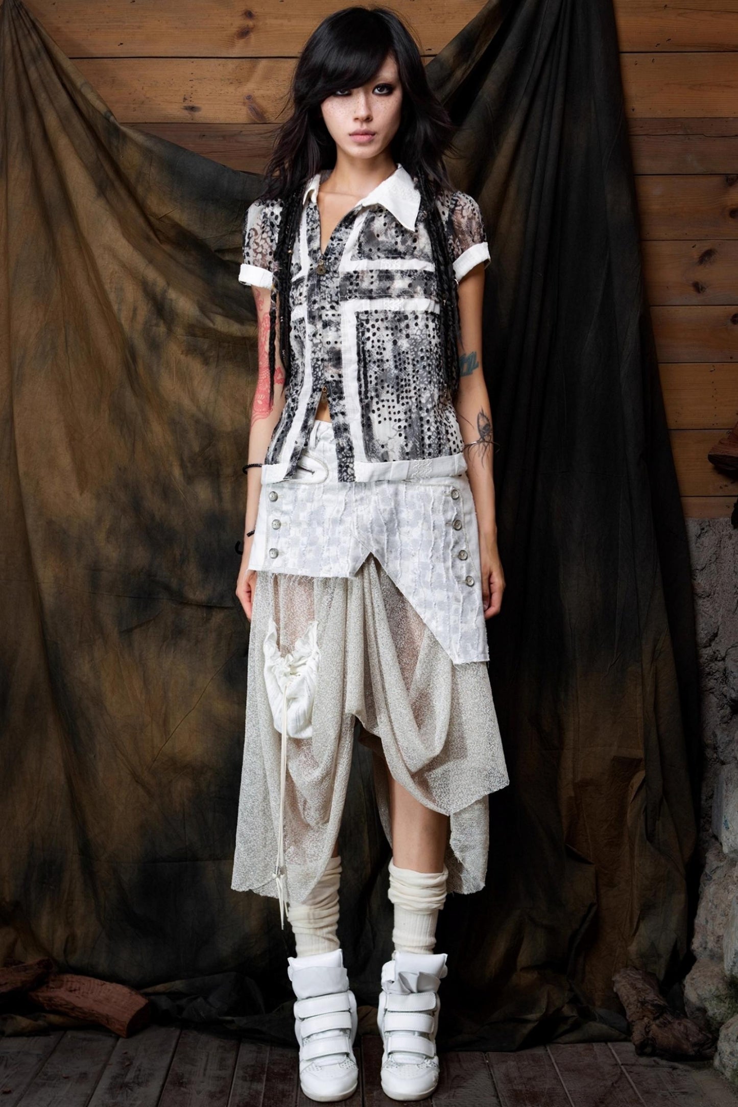 Vintage Patchwork Mesh Maxi Skirt