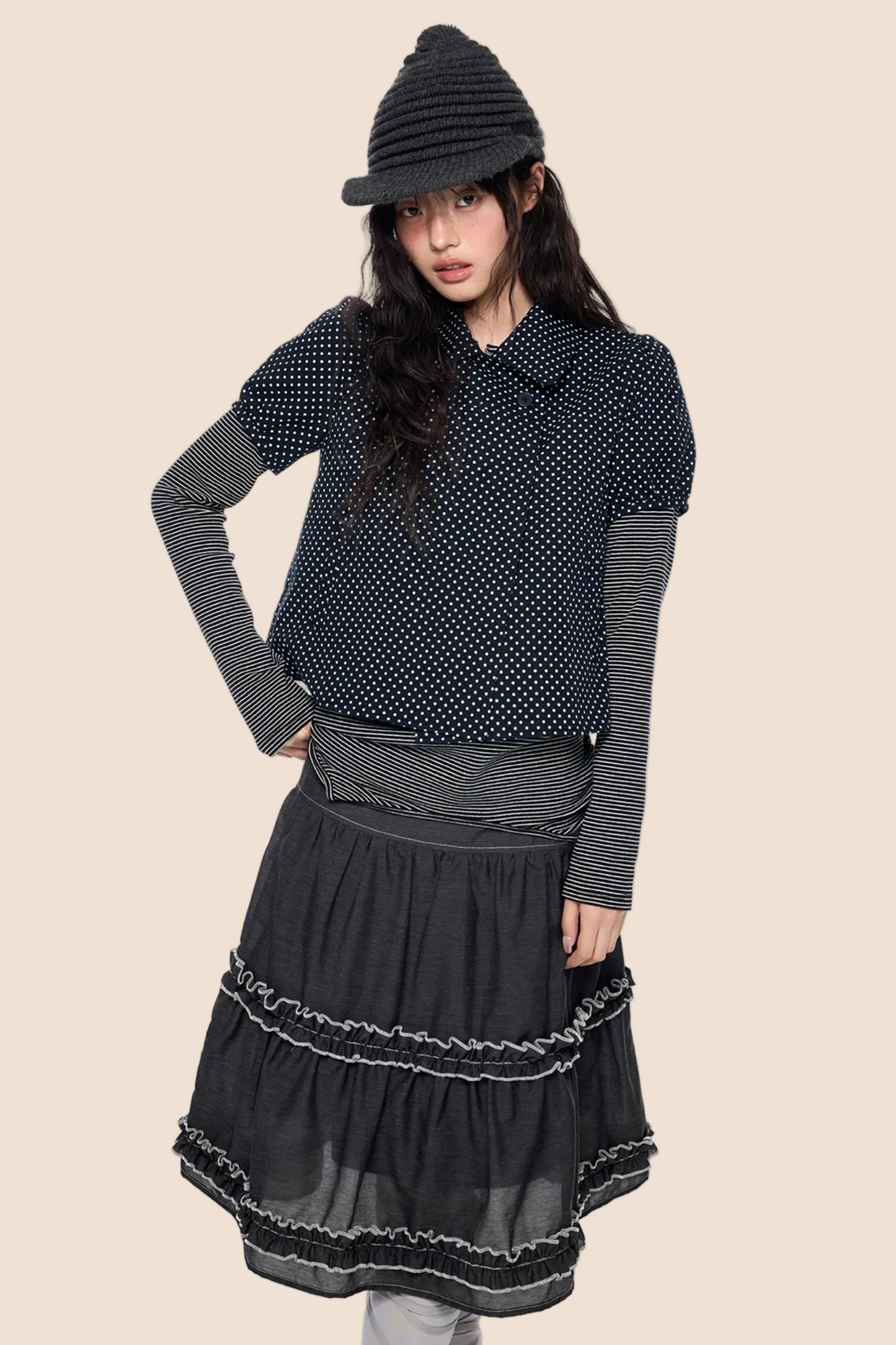 Polka Dot Plaid Puff Blouse