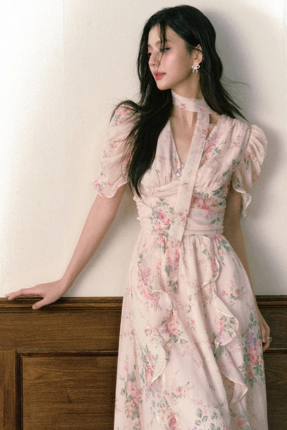 Pink Chiffon V-Neck Summer Dress