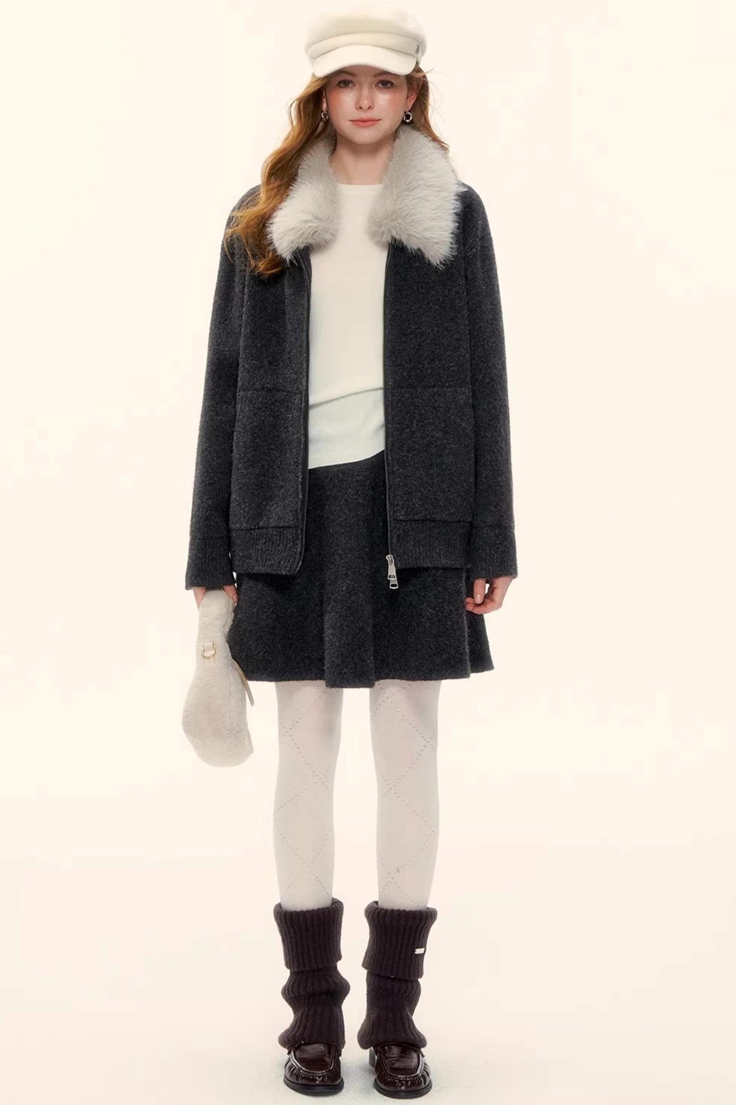 Wool Blend Lapel Fur Collar Coat Set-Up