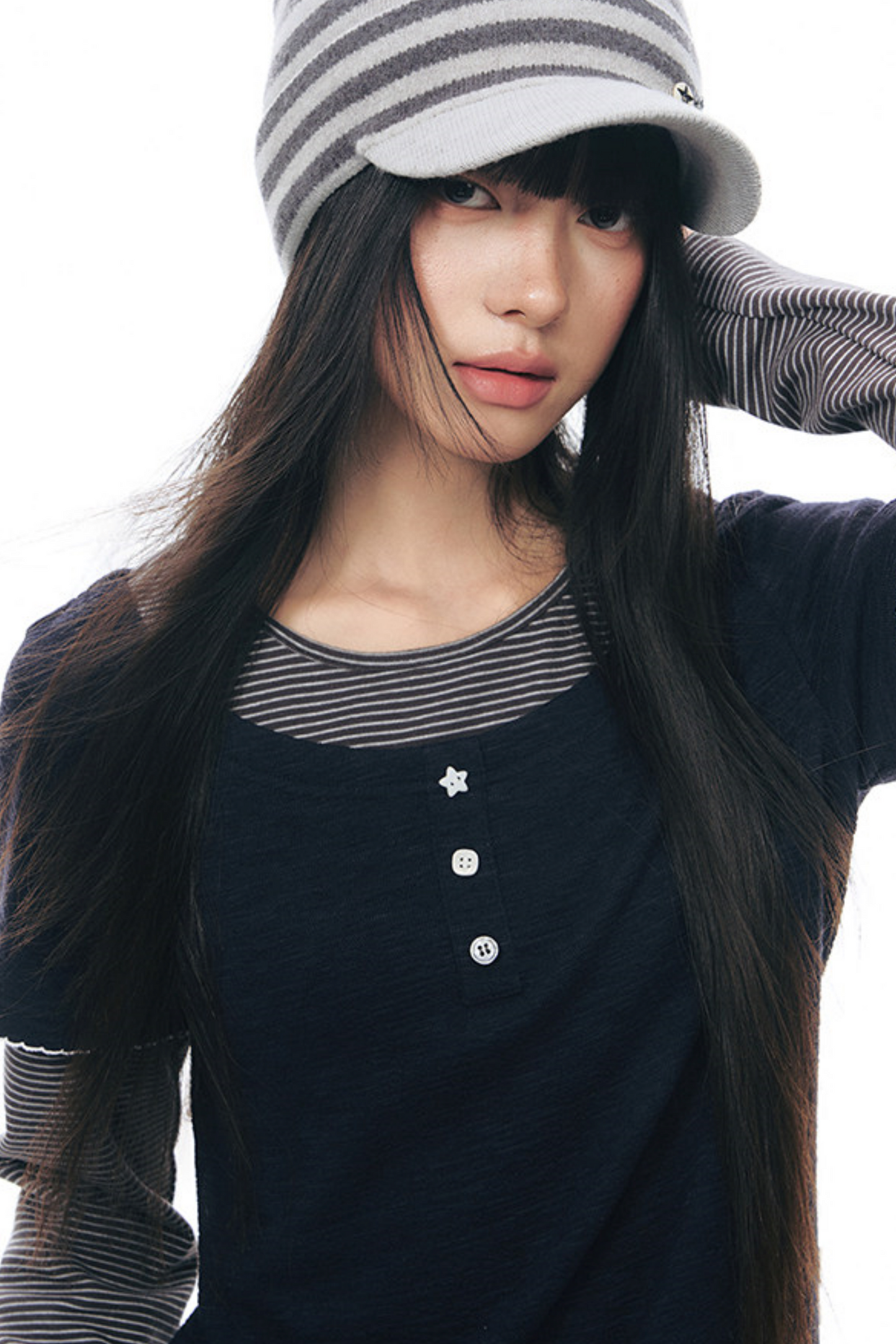 Henley Collar Fake Two-Piece Top