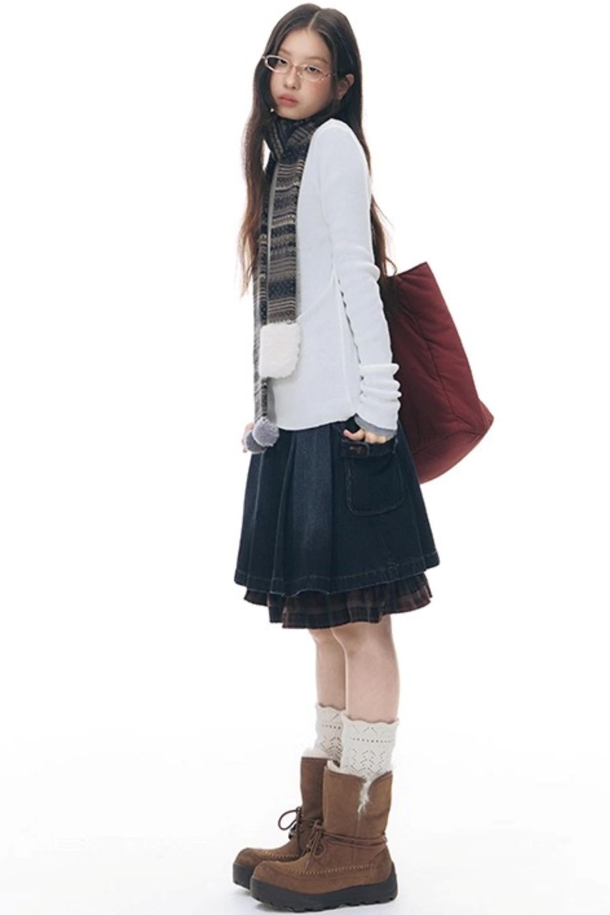 Patchwork Red Plaid Denim Skirt