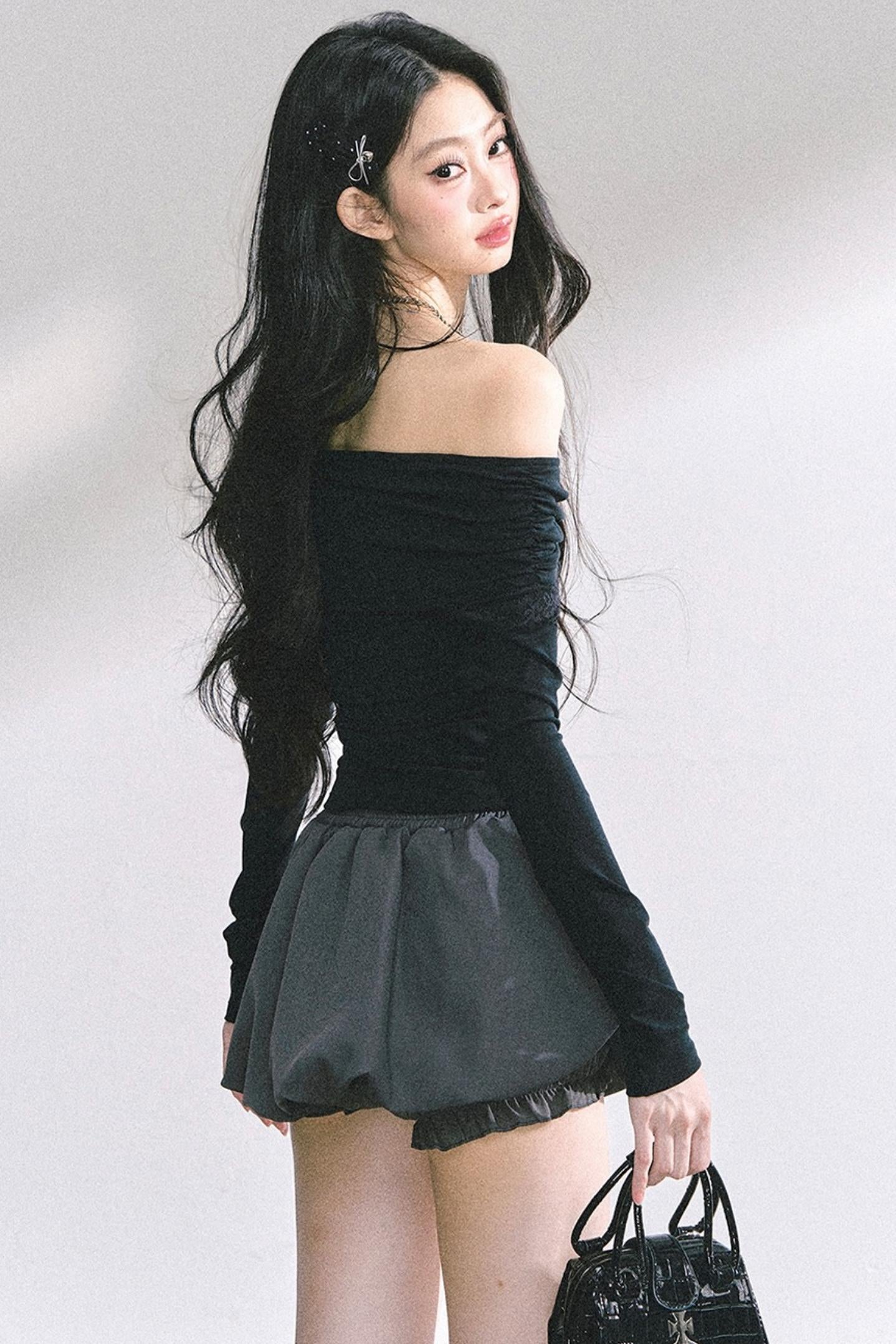 Korean Off-The-Shoulder Black Top