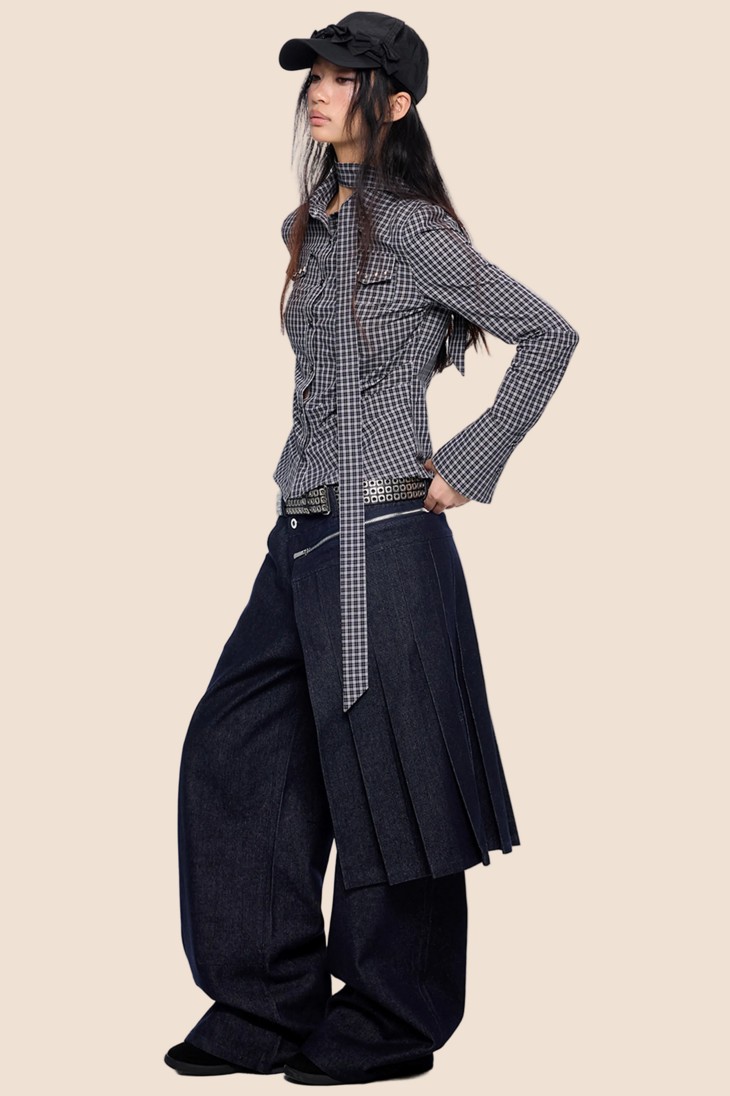 Plaid Lace-Up Bow Blouse