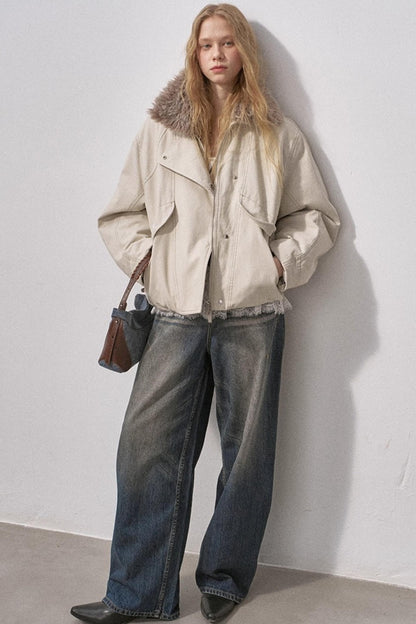 Curved Sleeve Fur Collar Jacket