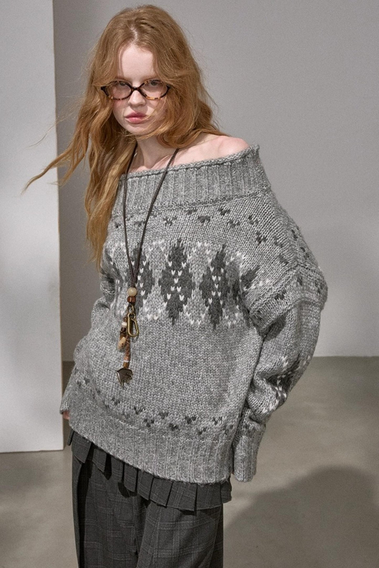 Thick Knit Argyle Off-Shoulder Sweater