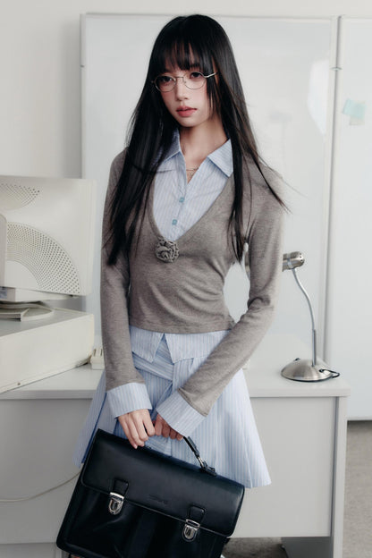 Preppy Blue Stripe Long Sleeves Shirt Set-Up