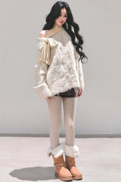 Sweet Bow-Knot Off-Shoulder Sweater