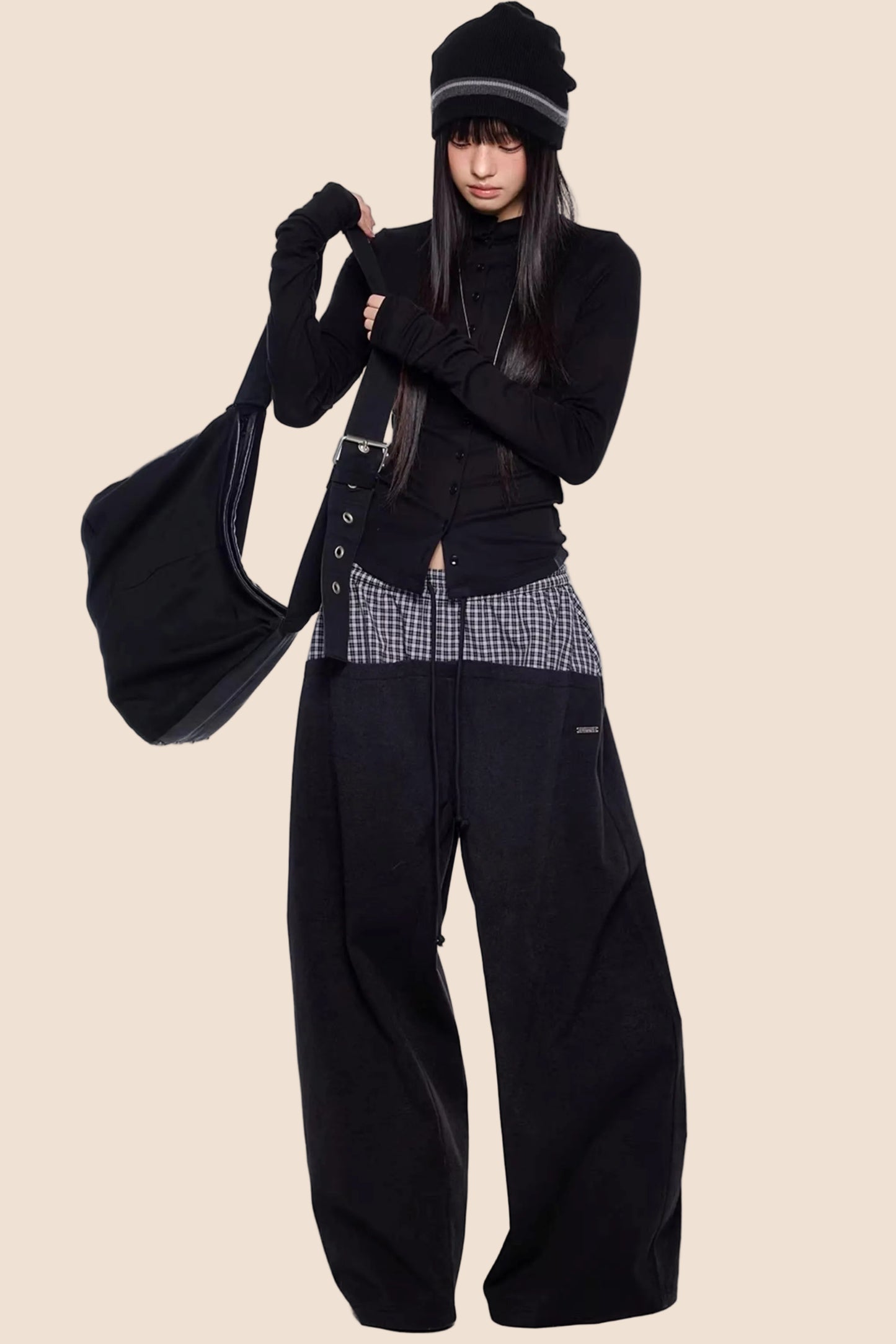 Plaid Patchwork Wide-Leg Pants