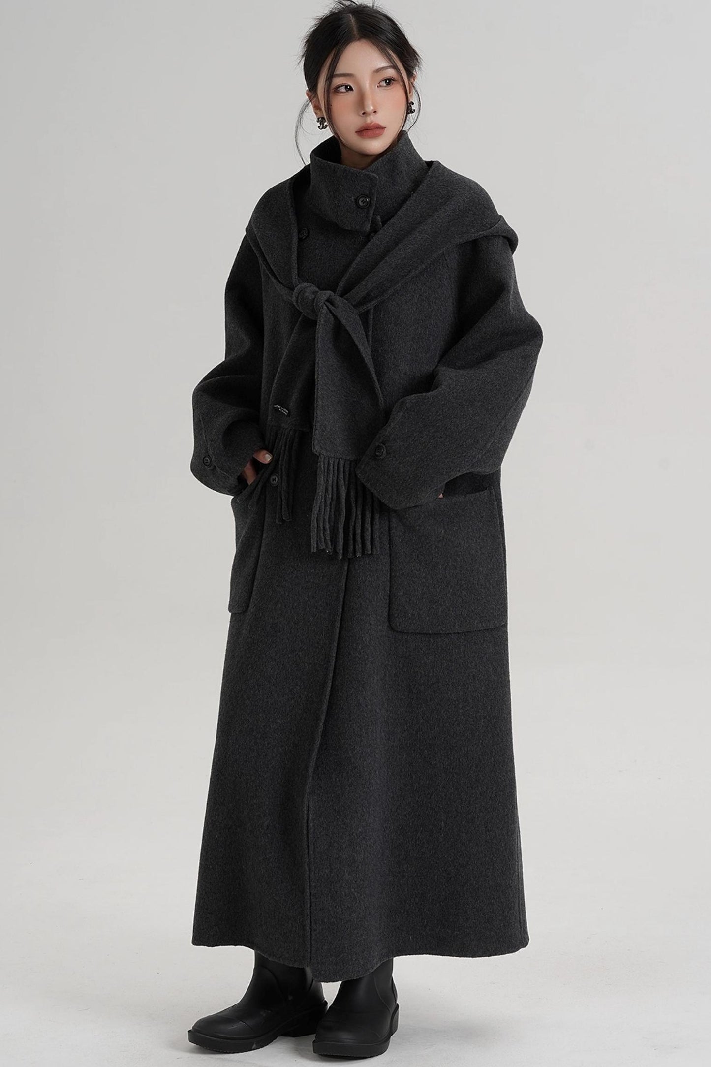 Temperament Hooded Scarf Wool Coat