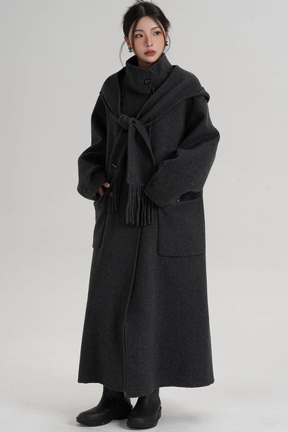 Temperament Hooded Scarf Wool Coat