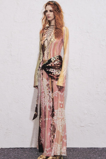 Lotus Print Fake Two-Piece Mermaid Dress