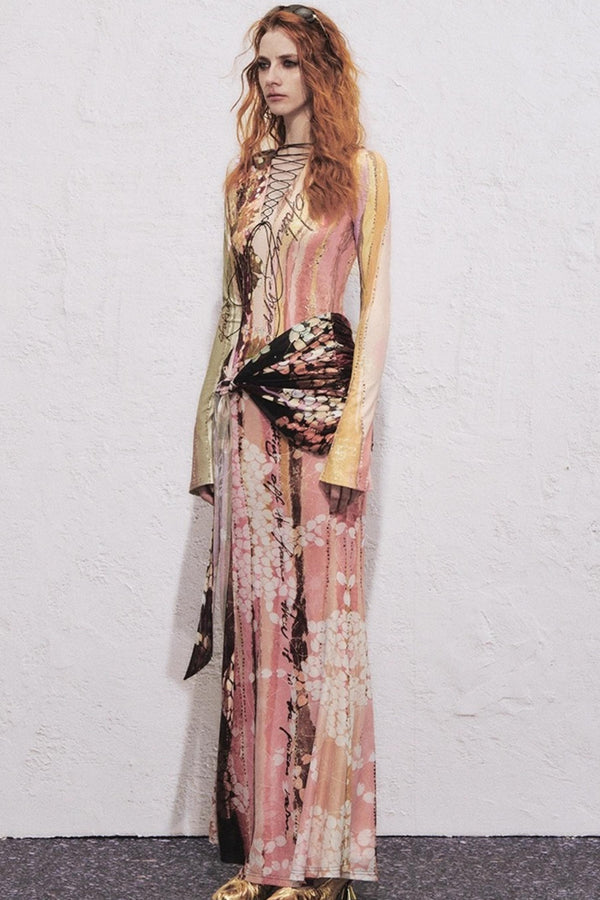 Lotus Print Fake Two-Piece Mermaid Dress