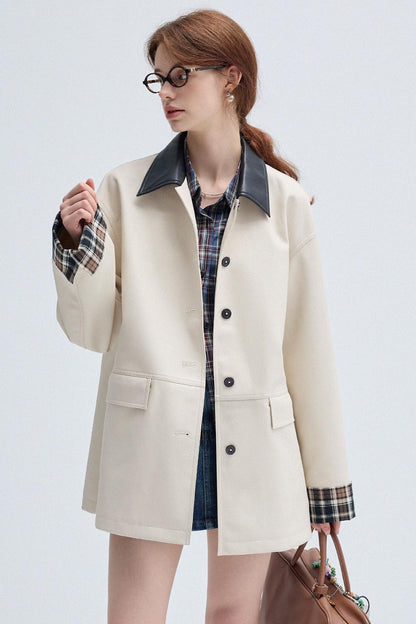 Check Contrast PU Leather Trench Coat