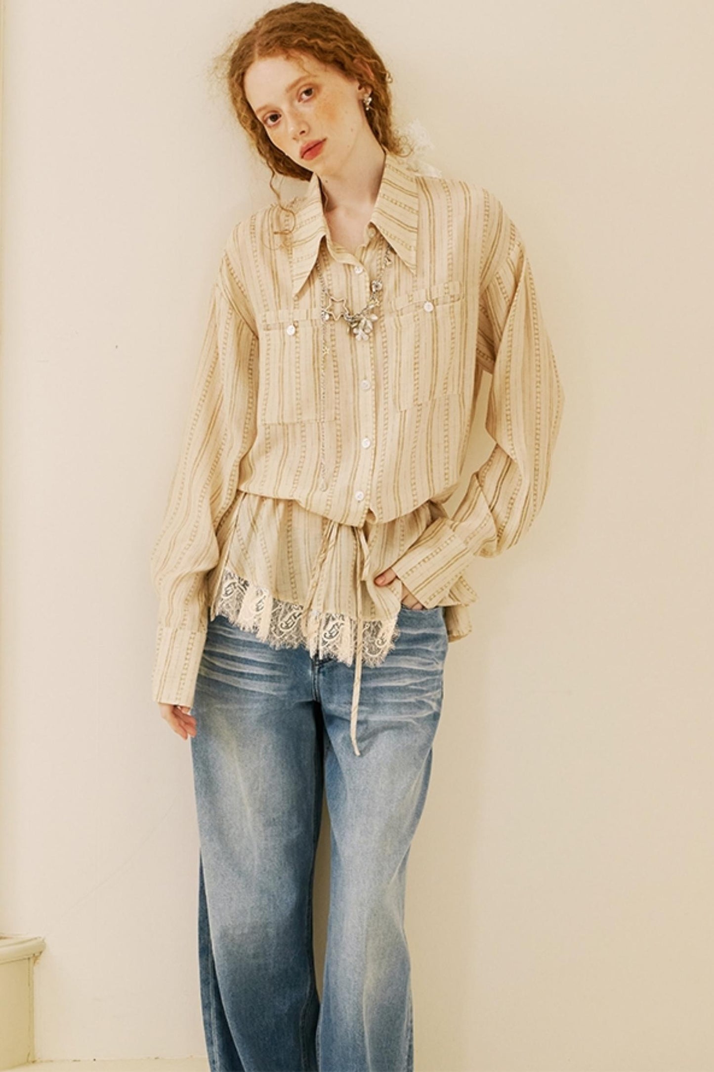 Vintage Lace-Trimmed Drawstring Shirt