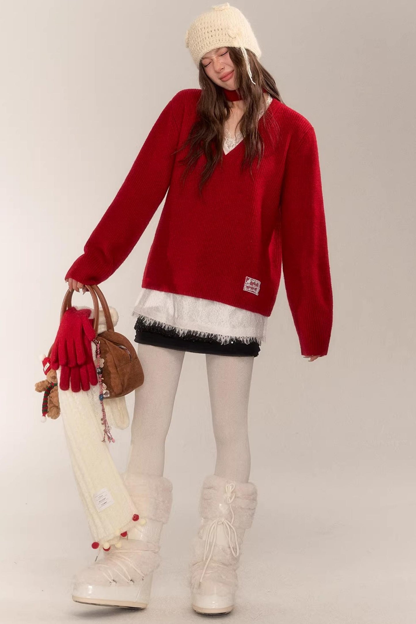 Asgony Red Retro Knit Sweater