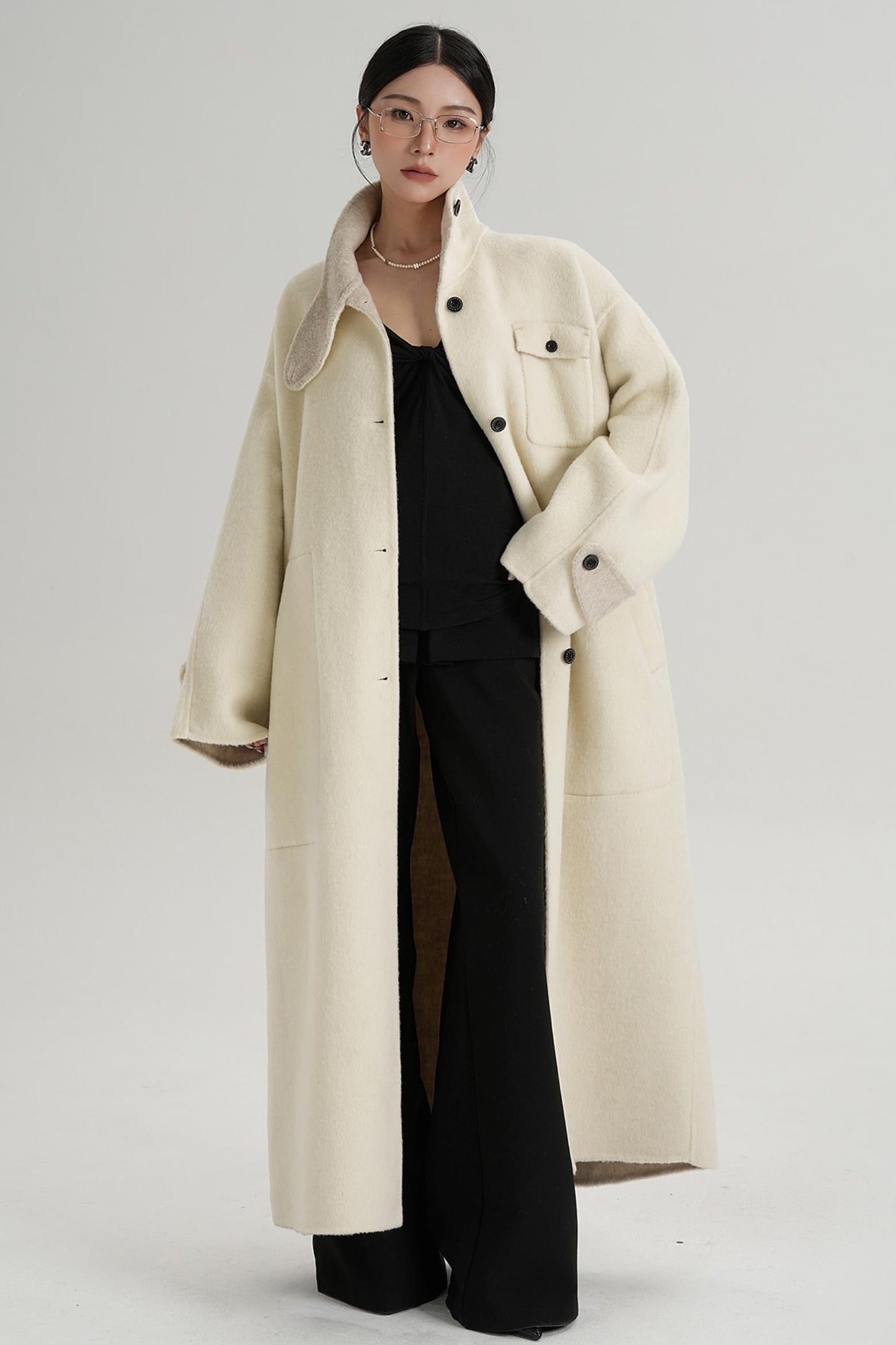 Temperament Design Color-Blocking Woolen Coat